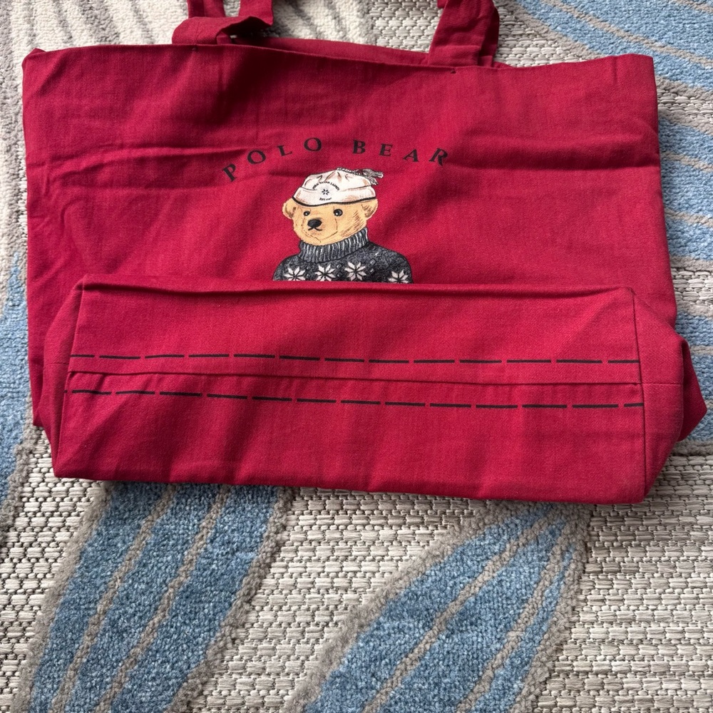 Ralph Lauren Polo Bear Red Canvas Striped Lining Tote Shopping Bag - Picture 3 of 6